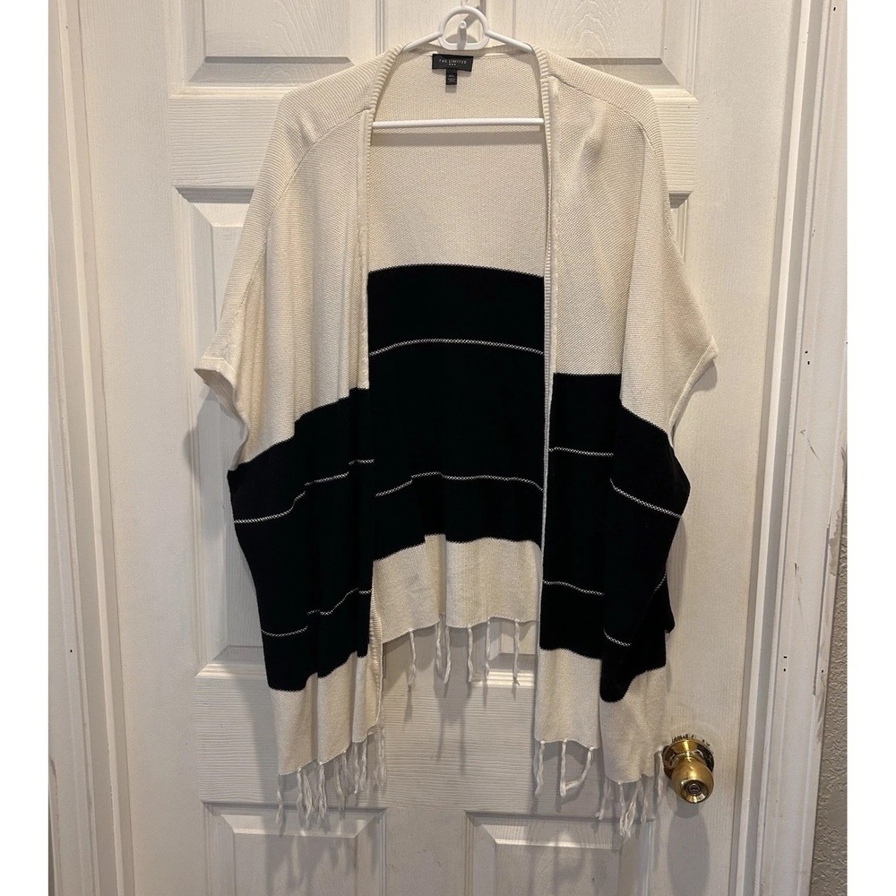The Limited Womens M/L Black White Striped Fringe‎ Open Front Cardigan Poncho
